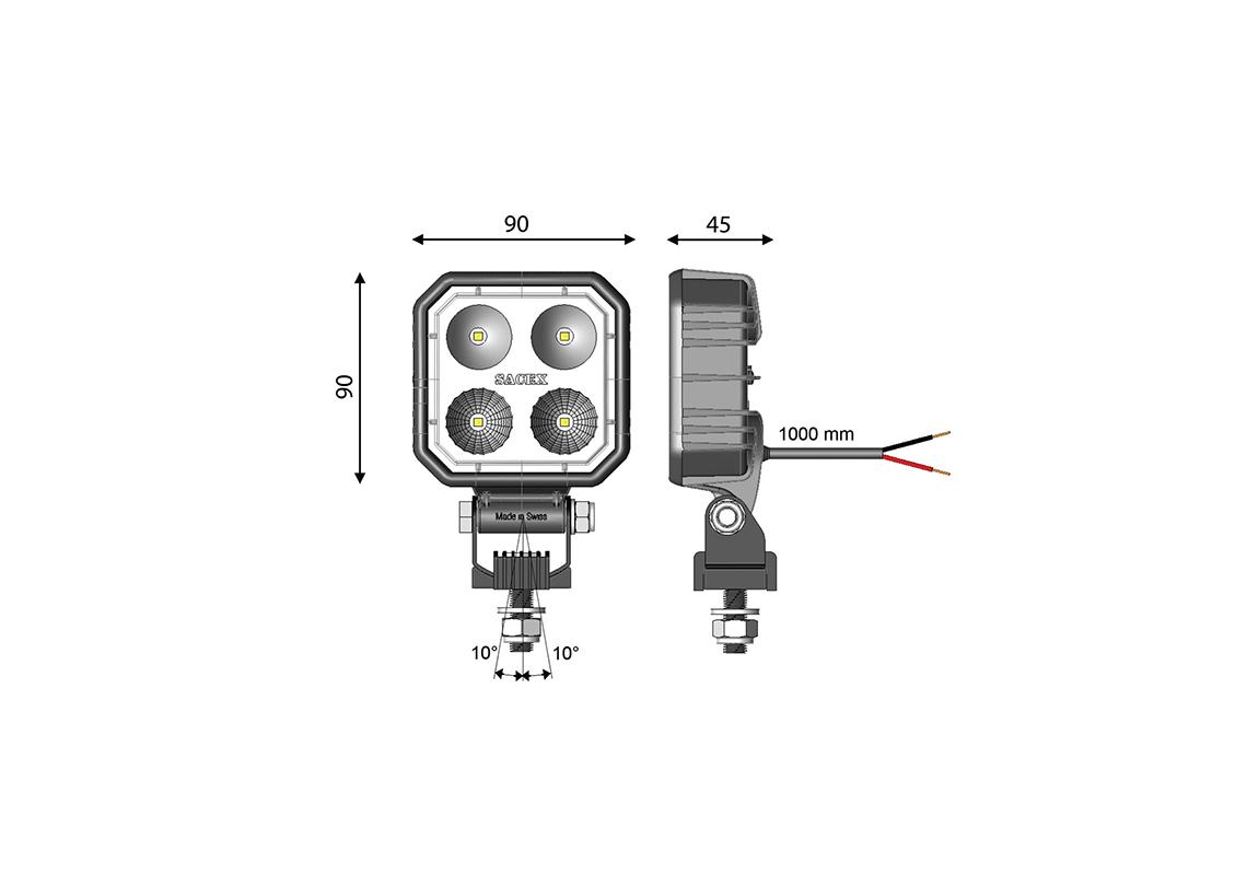 Work light LED square 90X90mm - cable